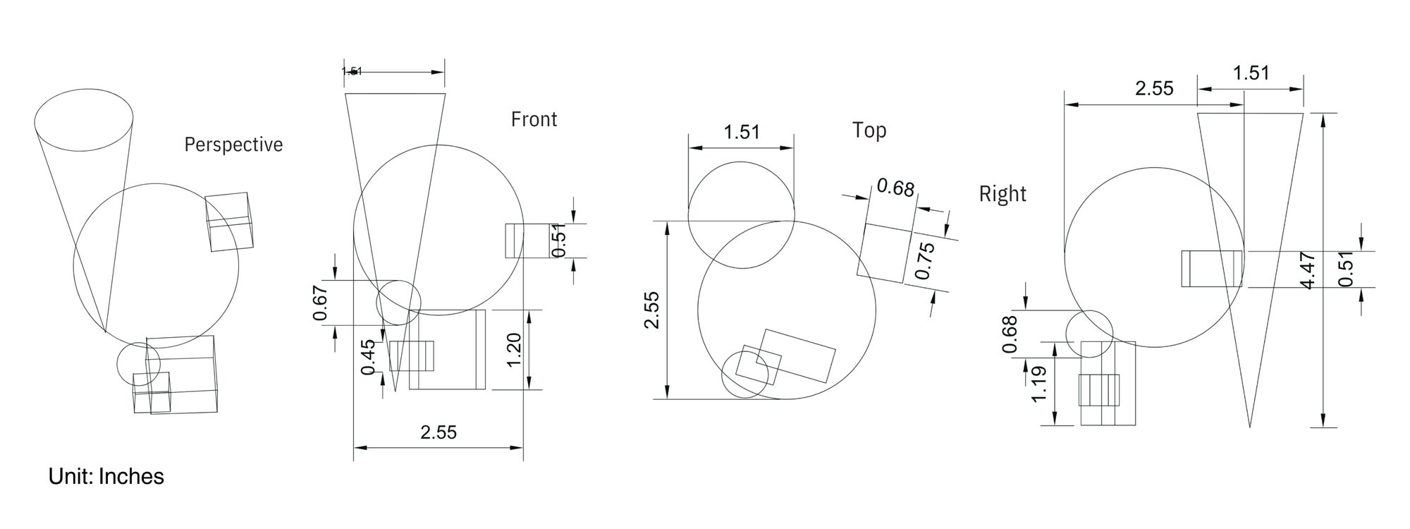 Orthographic drawing with perspective, front, top and right views, dimensioned in inches